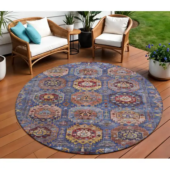 8' Denim Blue Merlot And Gold Round Medallion Washable Indoor Outdoor Area Rug Photo 2