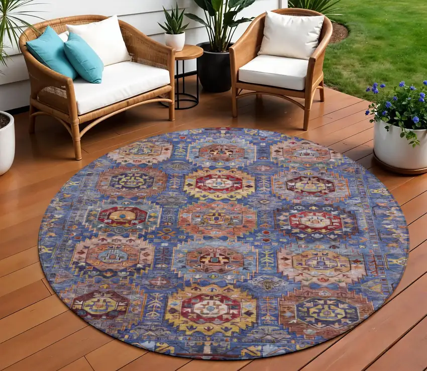 8' Denim Blue Merlot And Gold Round Medallion Washable Indoor Outdoor Area Rug Photo 2