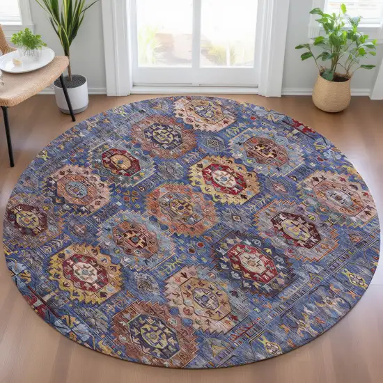 8' Denim Blue Merlot And Gold Round Medallion Washable Indoor Outdoor Area Rug Photo 6