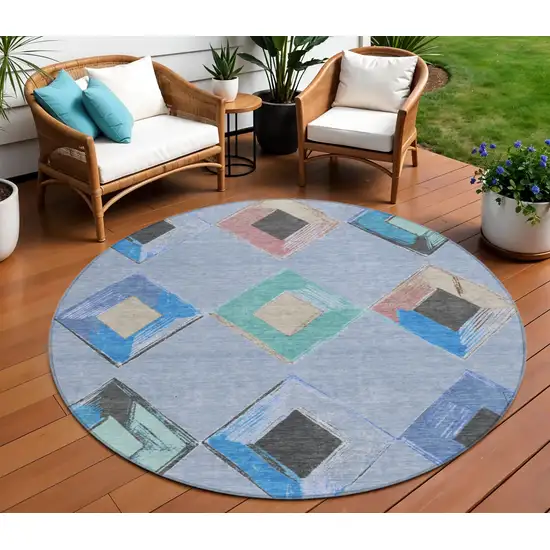 8' Denim Blue Mint Green And Gray Round Geometric Washable Indoor Outdoor Area Rug Photo 2