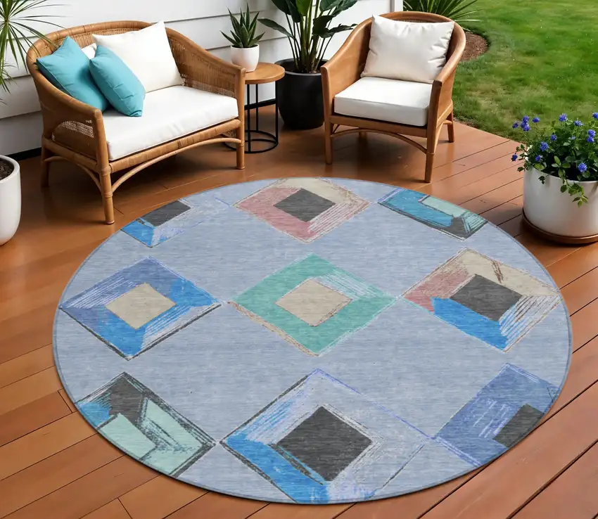 8' Denim Blue Mint Green And Gray Round Geometric Washable Indoor Outdoor Area Rug Photo 2