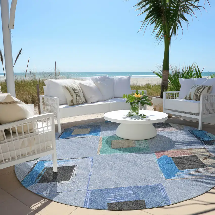 8' Denim Blue Mint Green And Gray Round Geometric Washable Indoor Outdoor Area Rug Photo 6