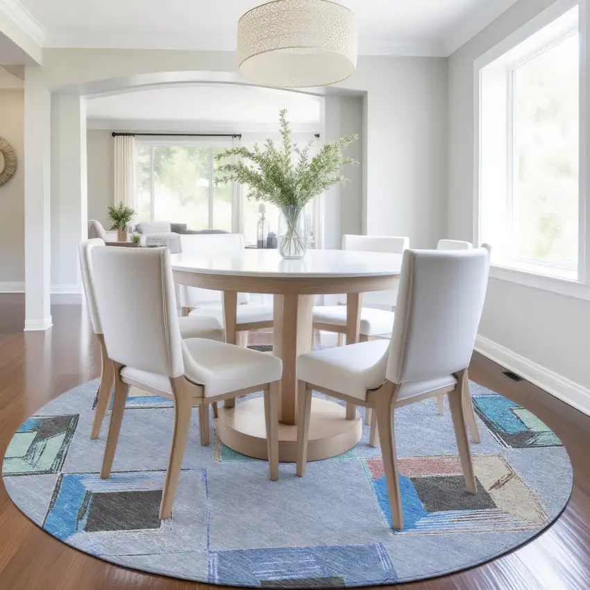 8' Denim Blue Mint Green And Gray Round Geometric Washable Indoor Outdoor Area Rug Photo 7