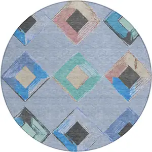 Photo of 8' Denim Blue Mint Green And Gray Round Geometric Washable Indoor Outdoor Area Rug