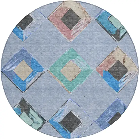 8' Denim Blue Mint Green And Gray Round Geometric Washable Indoor Outdoor Area Rug Photo 1