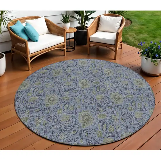 8' Denim Blue Navy Blue And Gray Round Floral Washable Indoor Outdoor Area Rug Photo 1