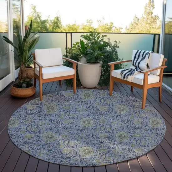 8' Denim Blue Navy Blue And Gray Round Floral Washable Indoor Outdoor Area Rug Photo 8