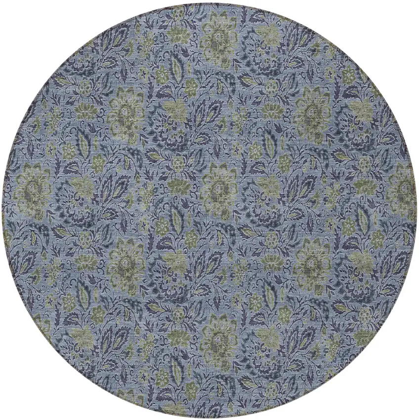 8' Denim Blue Navy Blue And Gray Round Floral Washable Indoor Outdoor Area Rug Photo 7