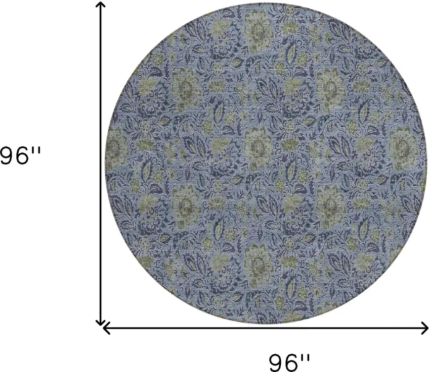 8' Denim Blue Navy Blue And Gray Round Floral Washable Indoor Outdoor Area Rug Photo 3