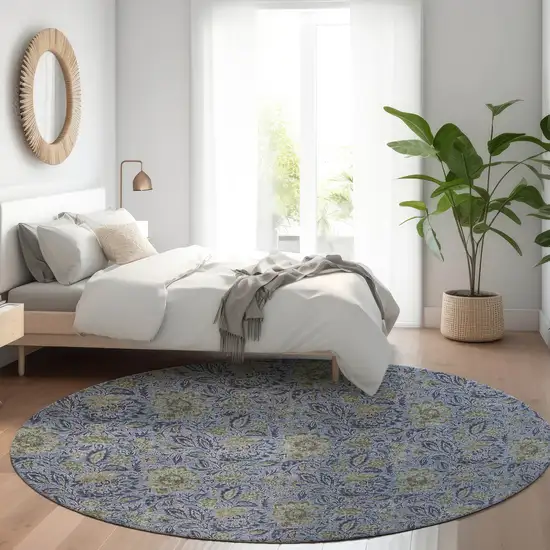 8' Denim Blue Navy Blue And Gray Round Floral Washable Indoor Outdoor Area Rug Photo 9