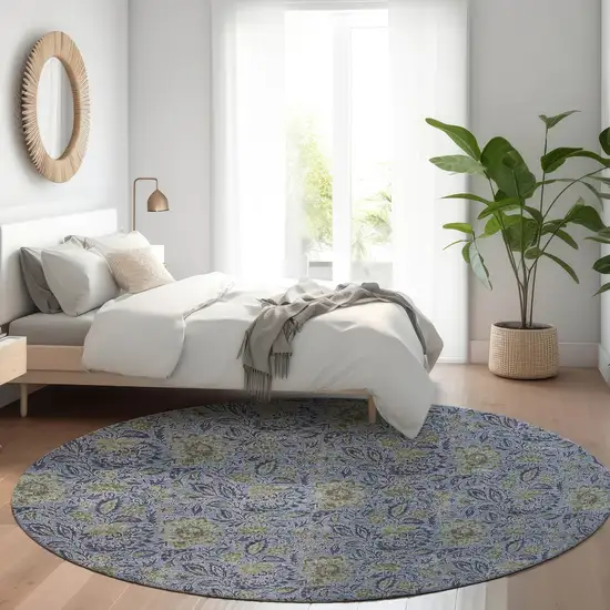 8' Denim Blue Navy Blue And Gray Round Floral Washable Indoor Outdoor Area Rug Photo 9