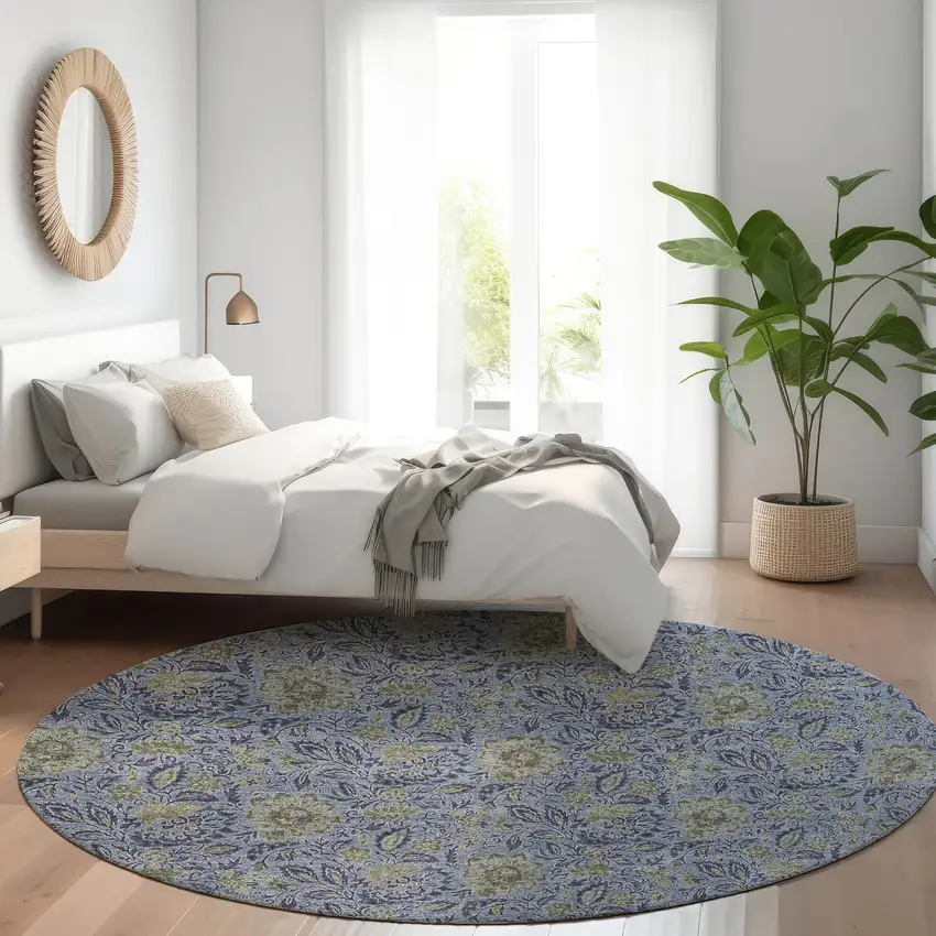 8' Denim Blue Navy Blue And Gray Round Floral Washable Indoor Outdoor Area Rug Photo 9