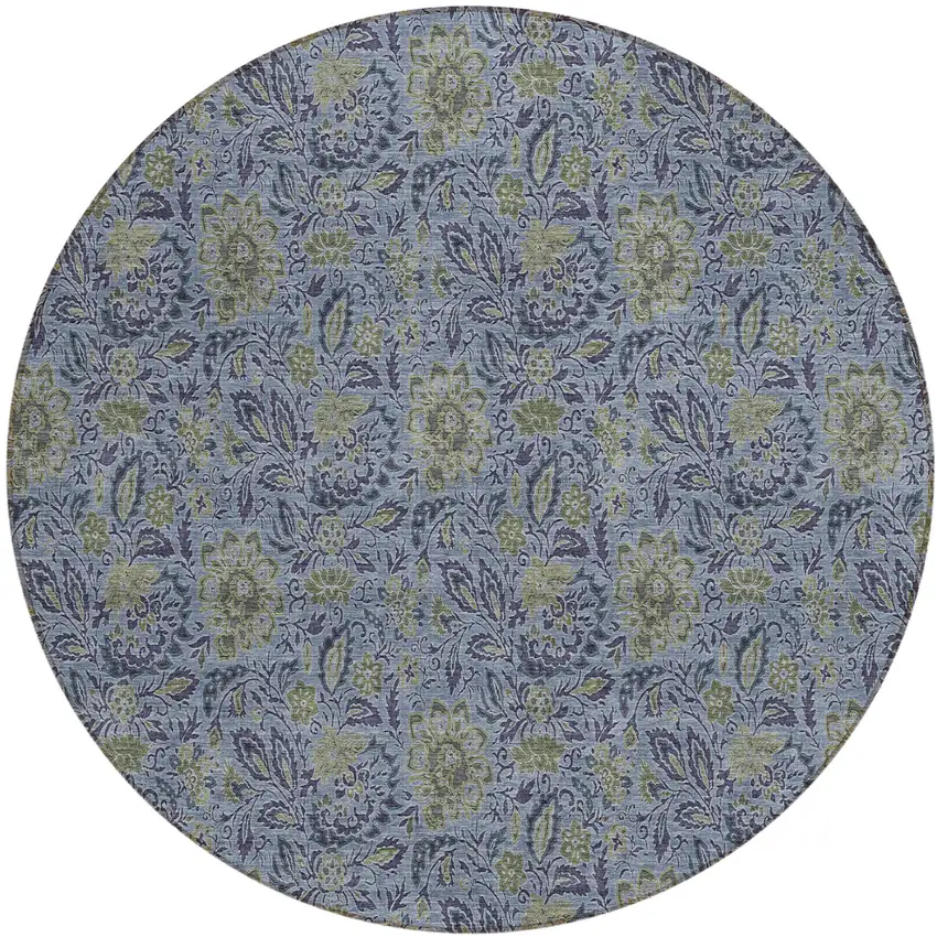 8' Denim Blue Navy Blue And Gray Round Floral Washable Indoor Outdoor Area Rug Photo 2