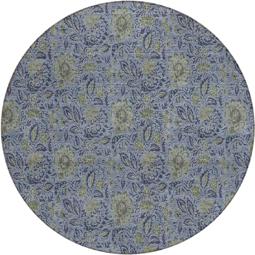 8' Denim Blue Navy Blue And Gray Round Floral Washable Indoor Outdoor Area Rug Photo 2