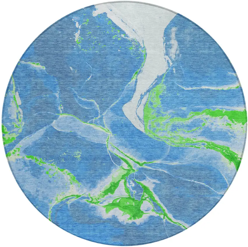 8' Denim Blue Neon Green And Ivory Round Abstract Washable Indoor Outdoor Area Rug Photo 2