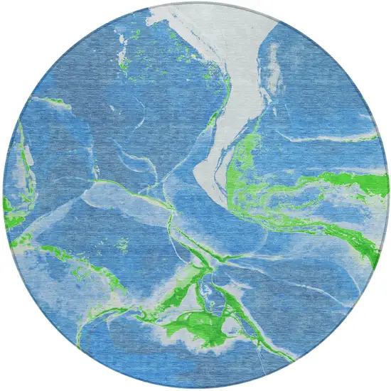 8' Denim Blue Neon Green And Ivory Round Abstract Washable Indoor Outdoor Area Rug Photo 2