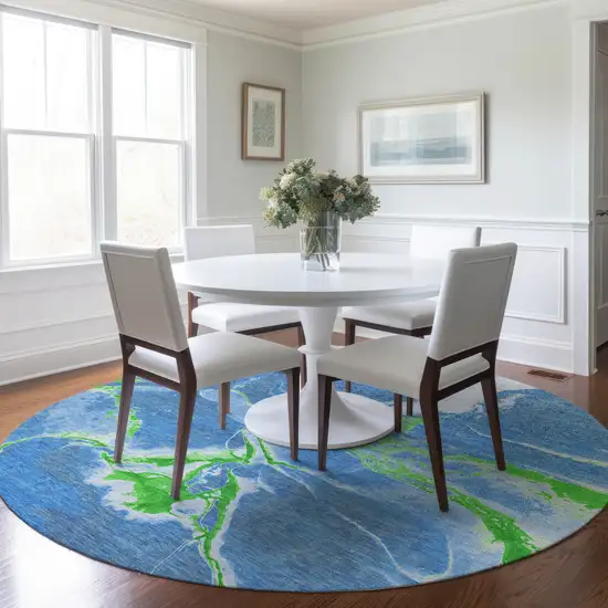 8' Denim Blue Neon Green And Ivory Round Abstract Washable Indoor Outdoor Area Rug Photo 7