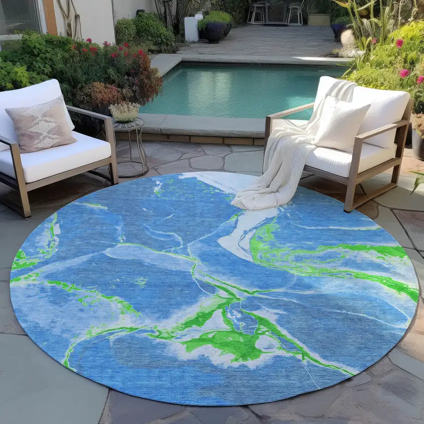 8' Denim Blue Neon Green And Ivory Round Abstract Washable Indoor Outdoor Area Rug Photo 6