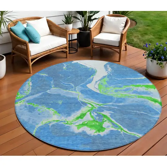 8' Denim Blue Neon Green And Ivory Round Abstract Washable Indoor Outdoor Area Rug Photo 1
