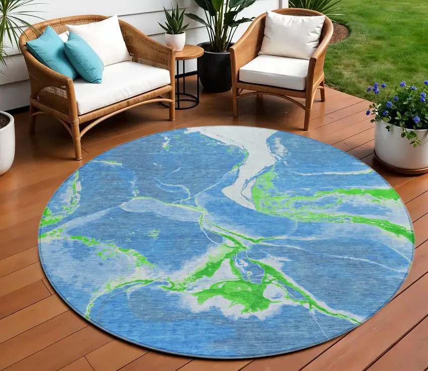 8' Denim Blue Neon Green And Ivory Round Abstract Washable Indoor Outdoor Area Rug Photo 1