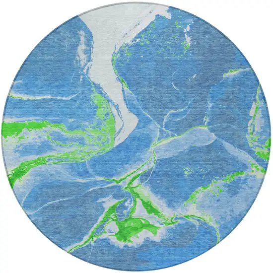 8' Denim Blue Neon Green And Ivory Round Abstract Washable Indoor Outdoor Area Rug Photo 5