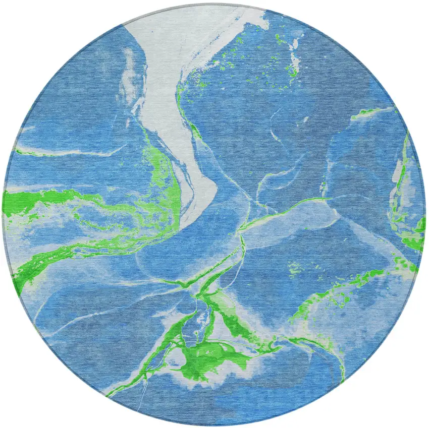8' Denim Blue Neon Green And Ivory Round Abstract Washable Indoor Outdoor Area Rug Photo 5