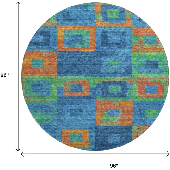 8' Denim Blue Orange And Green Geometric Washable Round Rug With UV Protection Photo 8