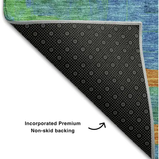 8' Denim Blue Orange And Green Geometric Washable Round Rug With UV Protection Photo 4