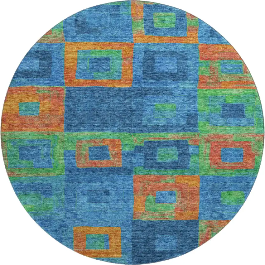 8' Denim Blue Orange And Green Geometric Washable Round Rug With UV Protection Photo 1