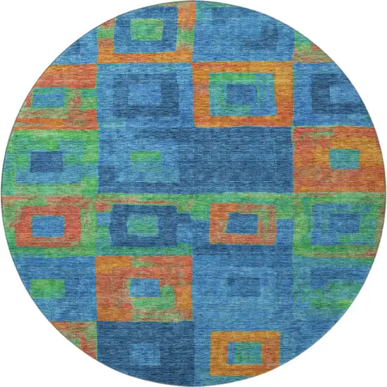 8' Denim Blue Orange And Green Geometric Washable Round Rug With UV Protection Photo 2