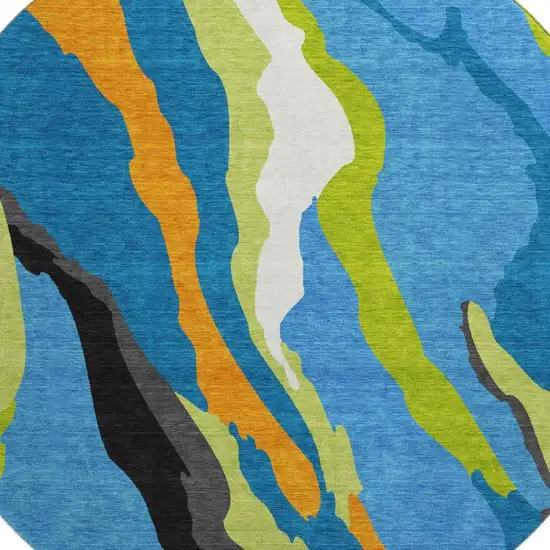 8' Denim Blue Orange And Lime Green Abstract Washable Round Rug With UV Protection Photo 2