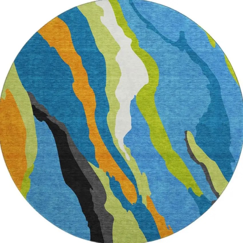 8' Denim Blue Orange And Lime Green Abstract Washable Round Rug With UV Protection Photo 3