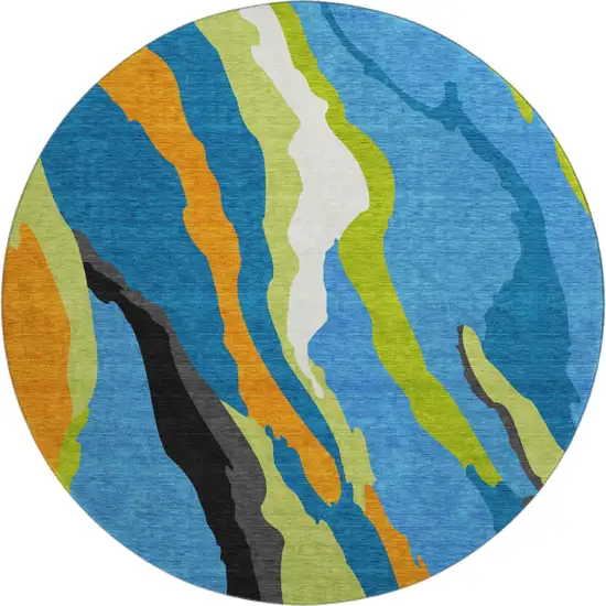 8' Denim Blue Orange And Lime Green Abstract Washable Round Rug With UV Protection Photo 1