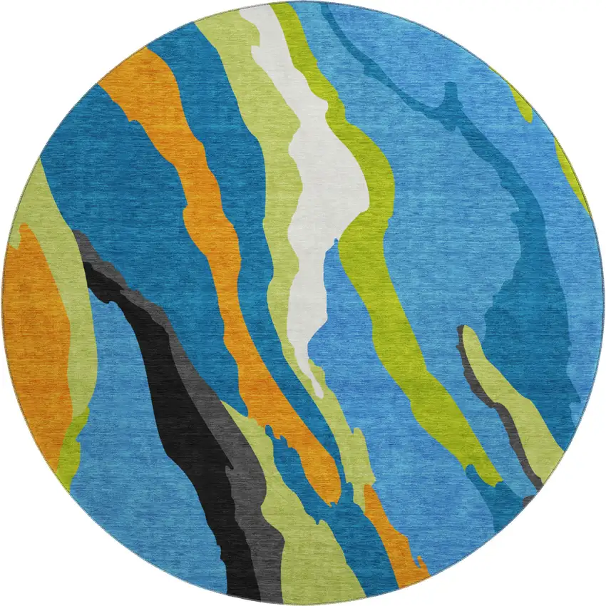 8' Denim Blue Orange And Lime Green Abstract Washable Round Rug With UV Protection Photo 1