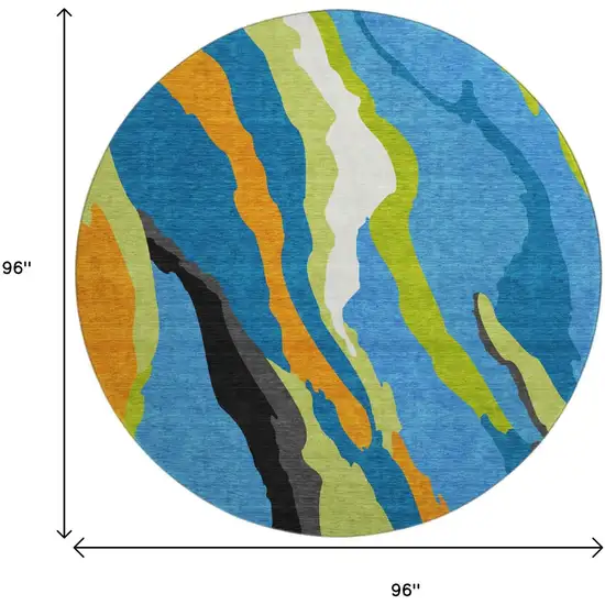 8' Denim Blue Orange And Lime Green Abstract Washable Round Rug With UV Protection Photo 9