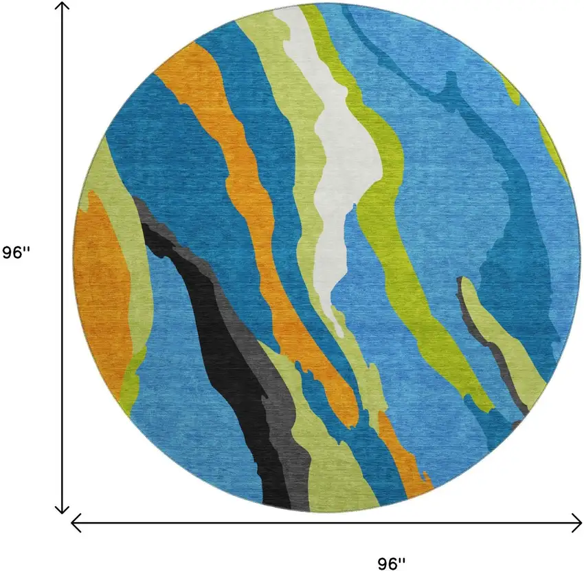 8' Denim Blue Orange And Lime Green Abstract Washable Round Rug With UV Protection Photo 9