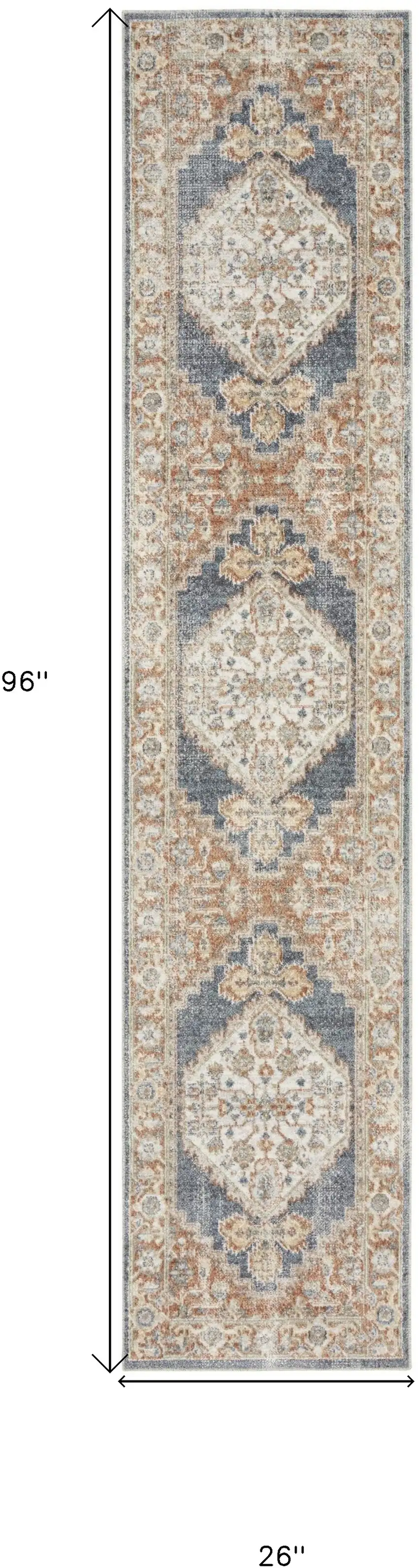 8' Denim Blue Oriental Power Loom Distressed Washable Runner Rug Photo 6