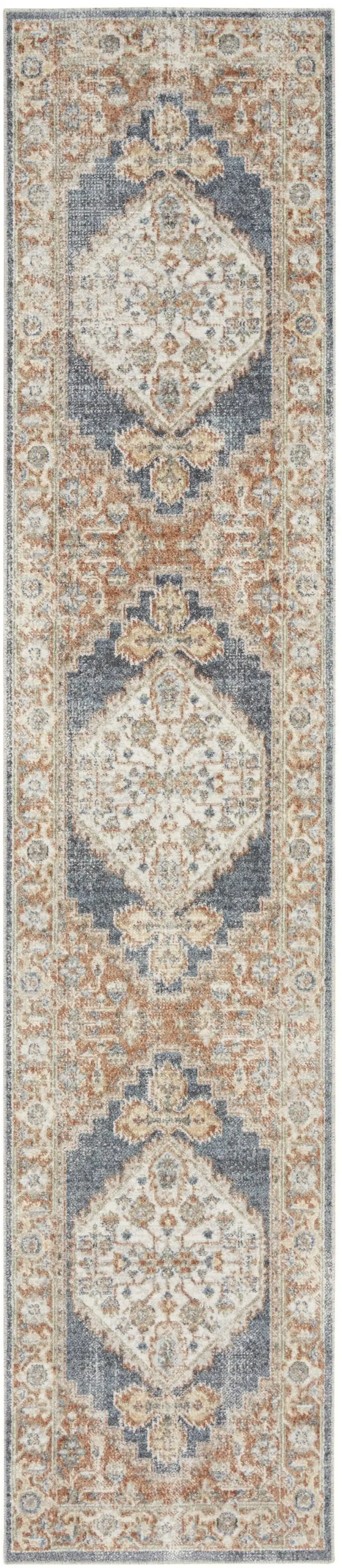 8' Denim Blue Oriental Power Loom Distressed Washable Runner Rug Photo 1