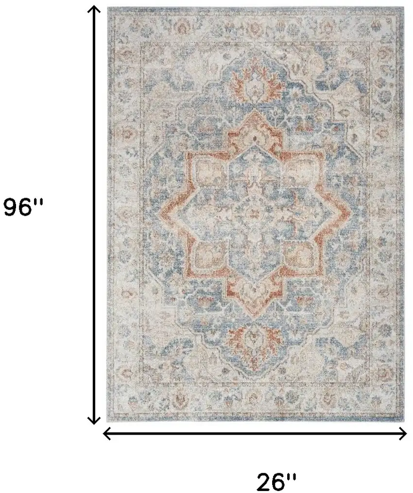 8' Denim Blue Oriental Power Loom Washable Runner Rug Photo 3