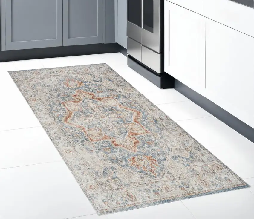 8' Denim Blue Oriental Power Loom Washable Runner Rug Photo 1