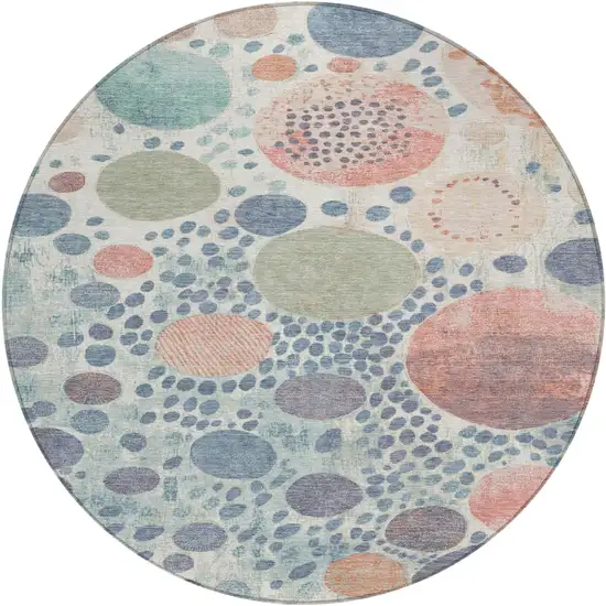 8' Denim Blue Peach And Artichoke Green Round Geometric Washable Indoor Outdoor Area Rug Photo 1