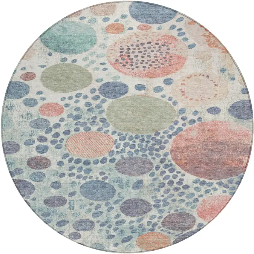 8' Denim Blue Peach And Artichoke Green Round Geometric Washable Indoor Outdoor Area Rug Photo 1