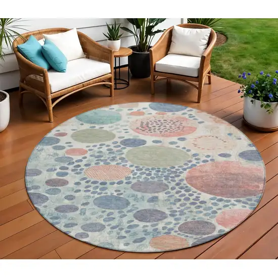8' Denim Blue Peach And Artichoke Green Round Geometric Washable Indoor Outdoor Area Rug Photo 2