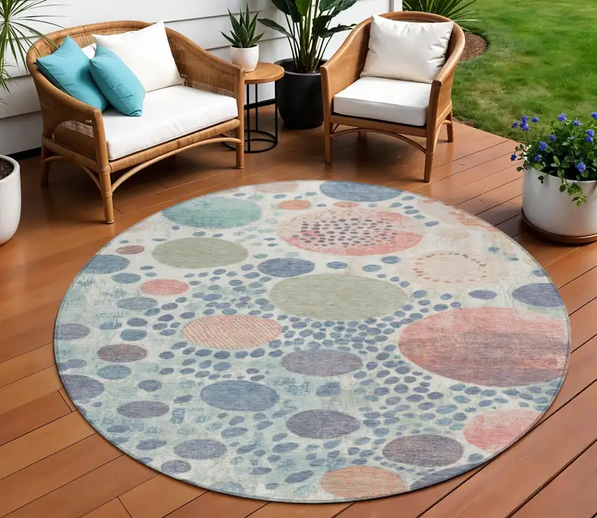 8' Denim Blue Peach And Artichoke Green Round Geometric Washable Indoor Outdoor Area Rug Photo 2