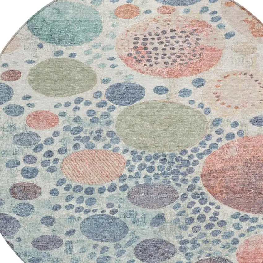 8' Denim Blue Peach And Artichoke Green Round Geometric Washable Indoor Outdoor Area Rug Photo 4