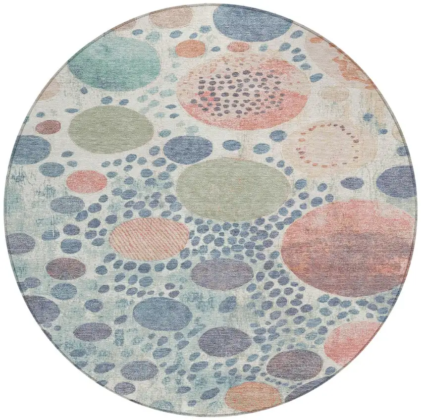 8' Denim Blue Peach And Artichoke Green Round Geometric Washable Indoor Outdoor Area Rug Photo 3