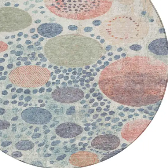8' Denim Blue Peach And Artichoke Green Round Geometric Washable Indoor Outdoor Area Rug Photo 8