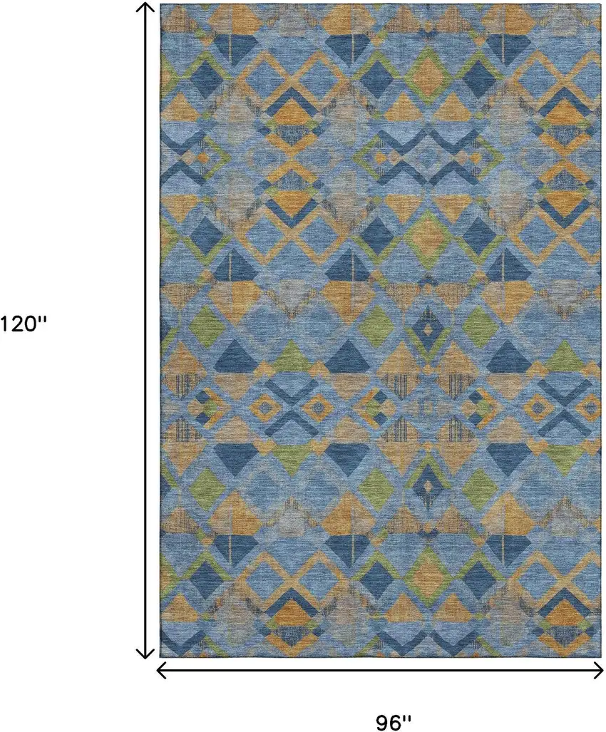 8' Denim Blue Peach And Green Geometric Washable Area Rug With UV Protection Photo 6