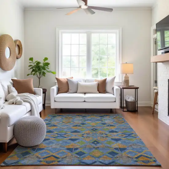 8' Denim Blue Peach And Green Geometric Washable Area Rug With UV Protection Photo 5