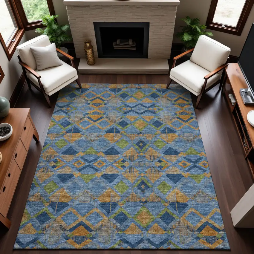 8' Denim Blue Peach And Green Geometric Washable Area Rug With UV Protection Photo 4